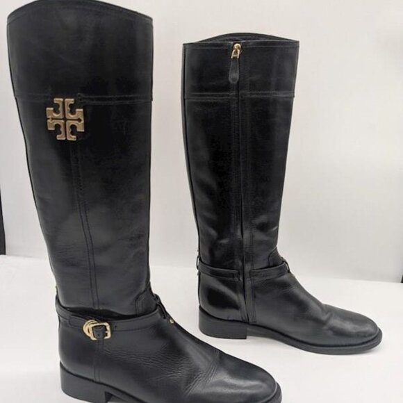 Tory Burch Adeline Black Leather Tall Riding Boots Size 9 M-WORN ONCE - Picture 1 of 3